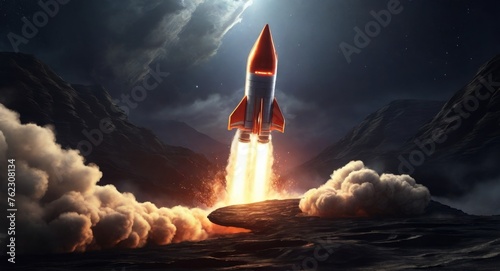 Rocket takes off in the starry sky. Spaceship begins the mission. Space shuttle taking off on a mission. photo