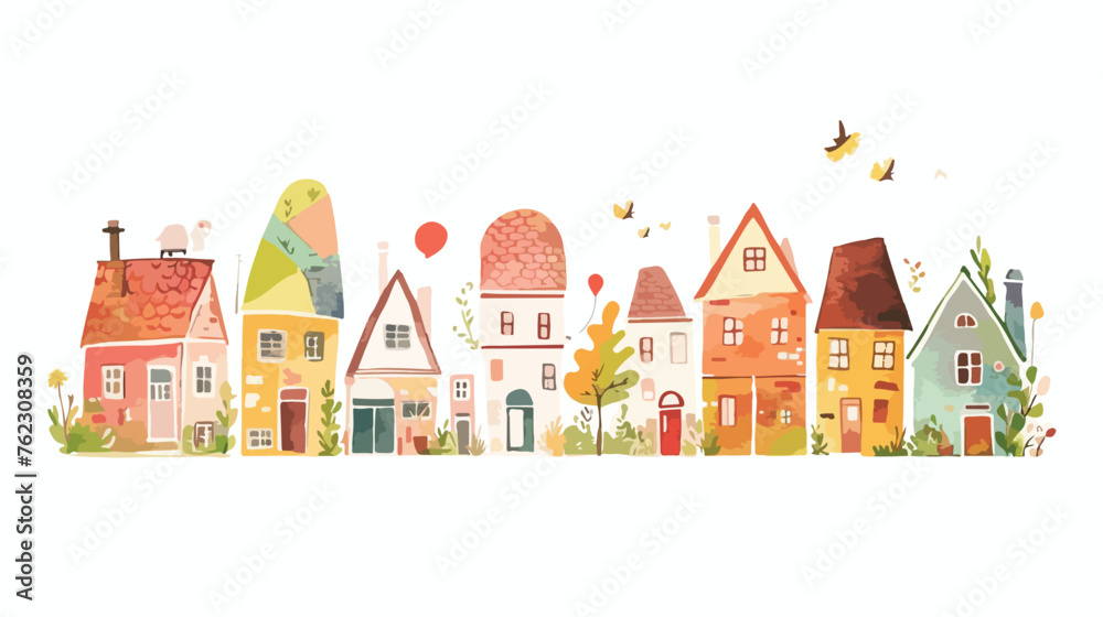 Watercolor illustration little houses background 