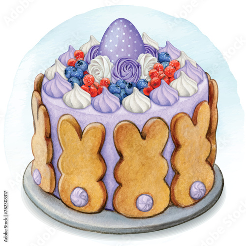 Watercolor hand drawn cute easter festive cake with fruit and bunny cookies
