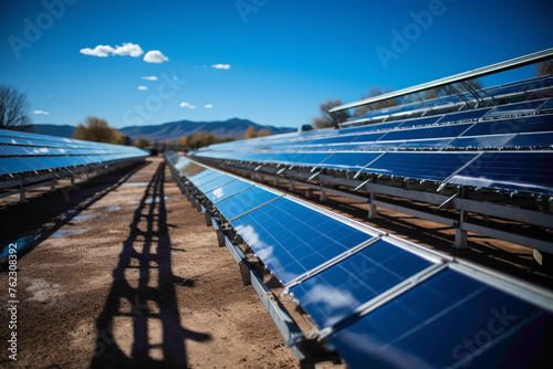 A futuristic solar panel array harnessing energy under a bright blue sky.