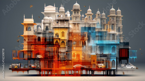 3D rendering of an abstract cityscape with white, blue and orange buildings. photo