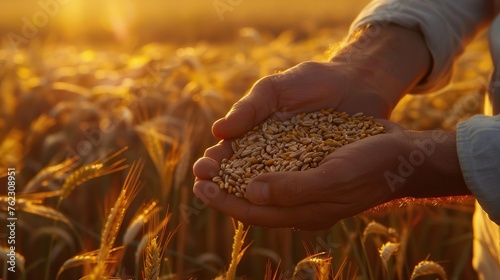 An agronomist inspecting wheat crops in a vast field, holding golden grain in their hand