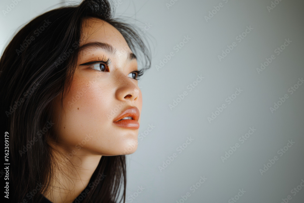 jeune femme brune d'origine asiatique en gros plan sur fond uni, espace pour texte - obrazy, fototapety, plakaty 