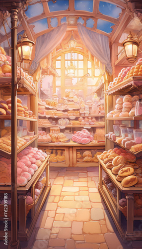 Bakery interior with shelves full of pastries and bread in warm colors with a fantasy theme.