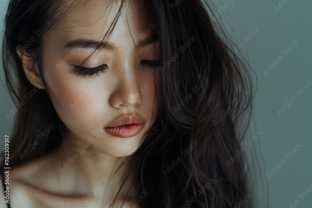 jeune femme brune aux cheveux long d'origine asiatique en gros plan sur fond uni - obrazy, fototapety, plakaty 