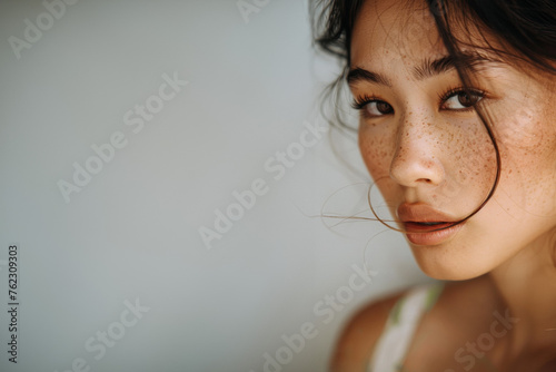 jeune femme brune d'origine asiatique en gros plan sur fond uni, espace pour texte