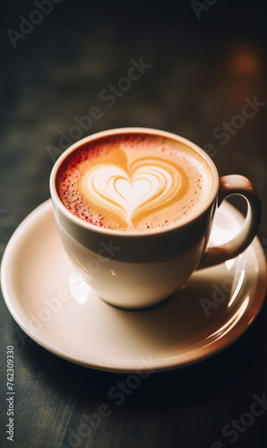 Cup of coffee with heart-shaped foam on top  on a dark background  in a close-up view.