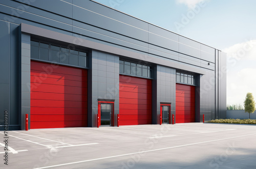 Modern Warehouse with Bright Red Garage Doors