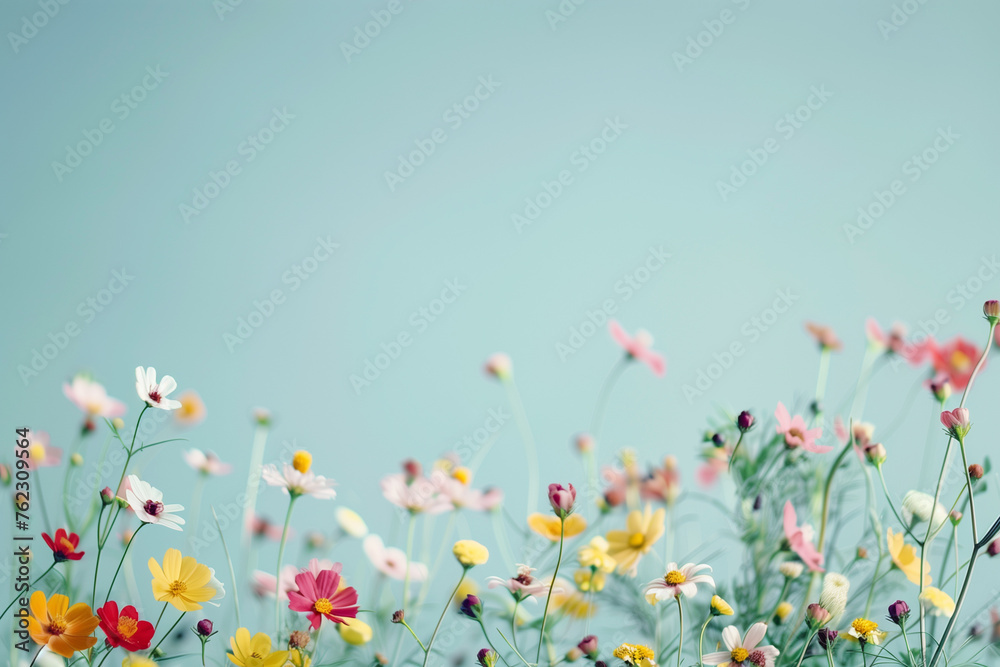 Colorful and beautiful flowers in minimalist copy space background, abstract flower wallpaper concept, Beautiful flowers with empty space for text, selective focus on elegant flowers with bokeh effect