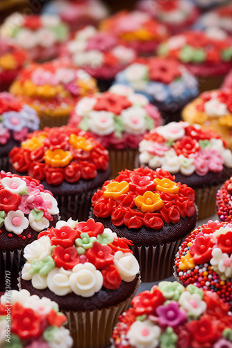 Colorful frosted cupcakes with flower-shaped icing decorations.