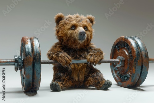 The character of a weightlifter bear with a barbell . 3d illustration © Александр Лобач