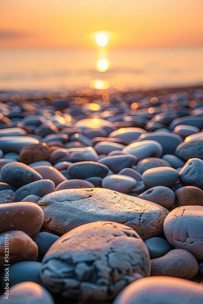 Obraz premium Pebbles at the seaside during the sunrise