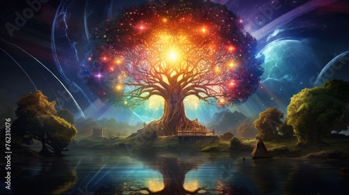 Yggdrasil and the Nine Worlds The roots were the size of a crown, beautifully colored, surrounded by a bright pentagram with the nine worlds. Streams of light flowed towards the roots of the tree. photo
