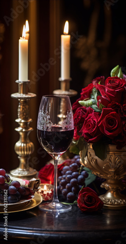 Still life with red wine  grapes  and roses in a golden vase on a dark background