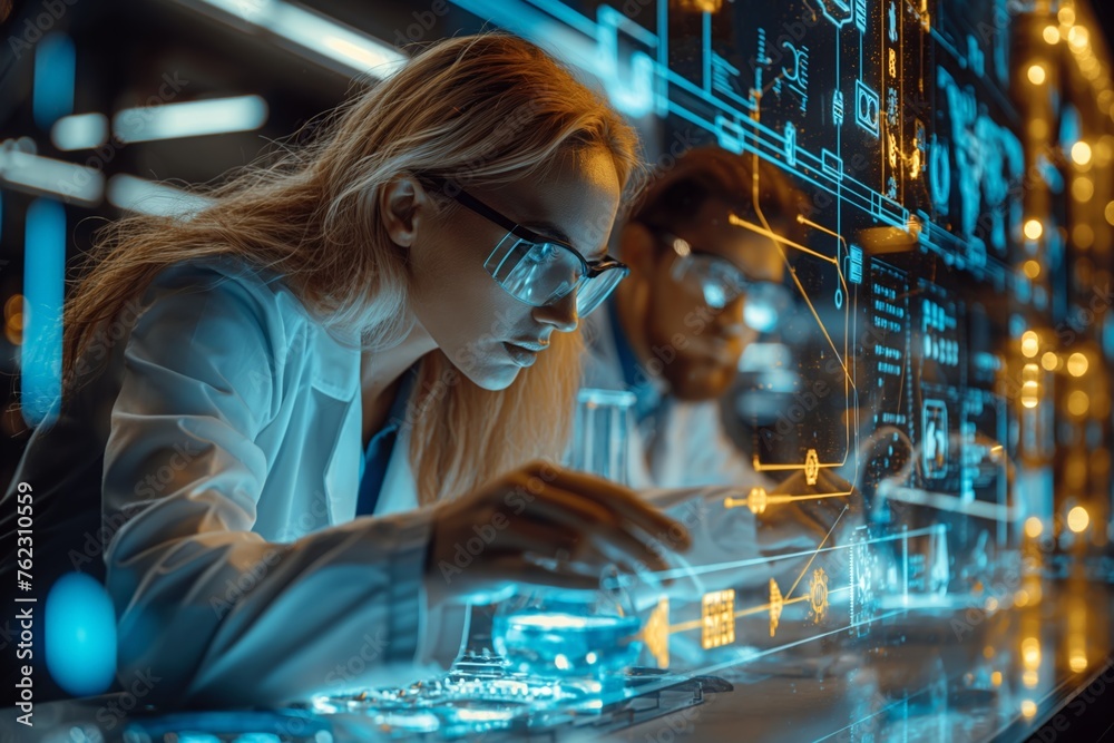Two focused researchers work together in a modern laboratory setting, interacting with a futuristic holographic interface full of scientific data, highlighting teamwork in innovative research.