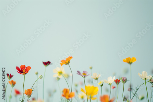 Colorful and beautiful flowers in minimalist copy space background, abstract flower wallpaper concept, Beautiful flowers with empty space for text, selective focus on elegant flowers with bokeh effect