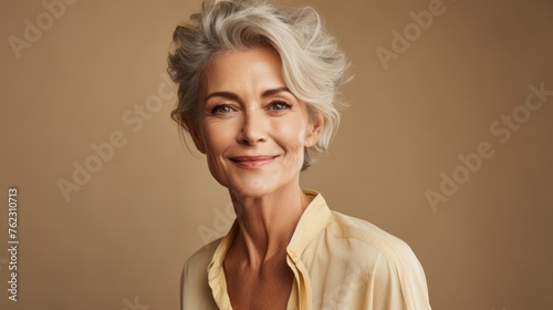 Beautiful portrait of mature positive woman on beige background