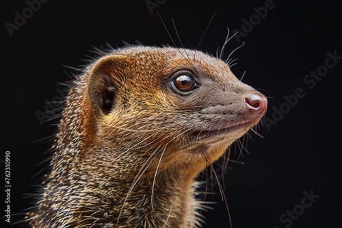 Closeup portrait of dwarf mongoose isolated on black background photo