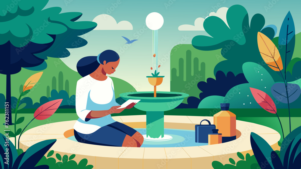 In a peaceful and serene courtyard a patient is engaged in art therapy surrounded by lush green plants and the soothing sounds of a fountain.
