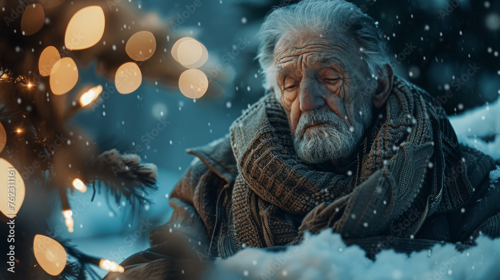 Elderly Man Seated with New Year's Garland on Blue Backdrop
Elderly Man Seated with New Year's Garland on Blue Backdrop