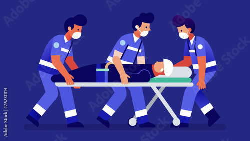 A team of paramedics in dark blue uniforms carrying a patient on a stretcher as they quickly make their way towards the trauma unit for