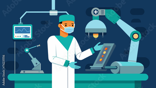 A robotic is in progress with the surgeon controlling the movements of the robotic arms from a console. The patient is in a specially designed