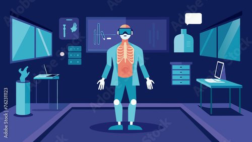 A virtual reality simulation room for medical training equipped with the latest anatomical models and interactive tools for immersive learning.