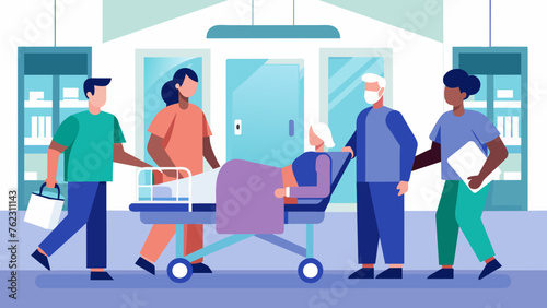 Patient transporters wheel a patient on a gurney through the bustling and busy corridors of the hospital bags of personal belongings stacked on