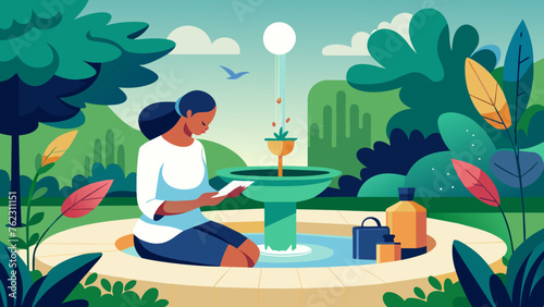 In a peaceful and serene courtyard a patient is engaged in art therapy surrounded by lush green plants and the soothing sounds of a fountain.