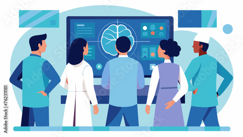 A group of medical professionals gather around a large monitor intently studying the images displayed by the tingedge MRI machine behind them.