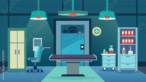 A view of a room from the doorway showing the large operating table in the center of the room surrounded by bright lights and shelves stocked