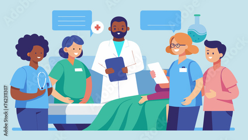 A group of doctors and nurses gather around a patients bed discussing treatment options and listening to the patients concerns. The patient is