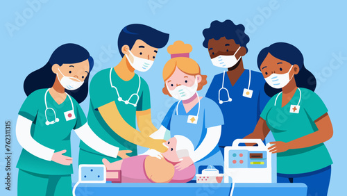 In the neonatal intensive care unit a team of doctors and nurses work together to resuscitate a premature baby using a ventilator and chest
