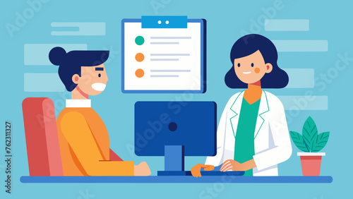 A doctor sits down at a computer with a patient reviewing their electronic health record together. The doctor explains the importance of keeping