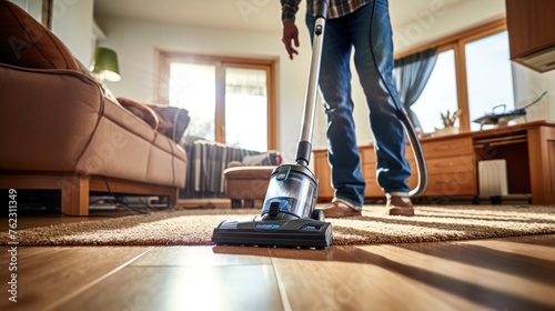 A young man uses a vacuum cleaner to clean the carpet in the room.