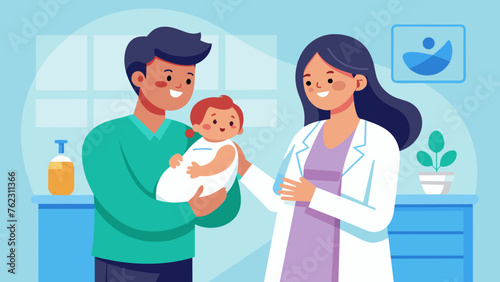 In the maternity ward a new mother and her doctor exchange excited and emotional words as they hold the newborn baby together. The doctor offers