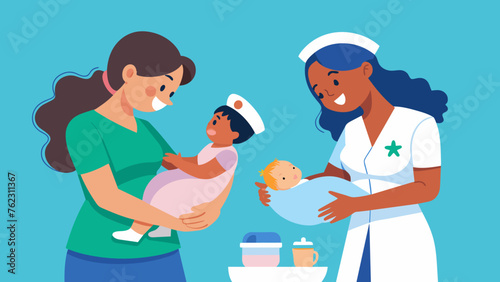 As a new mother struggles to get her baby to latch a team of nurses and midwives work together to offer diverse tips and techniques until the