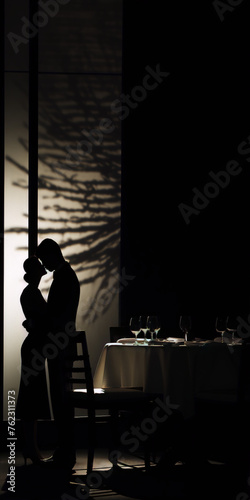Black and white photo of a couple kissing in front of a restaurant table with a dark background.