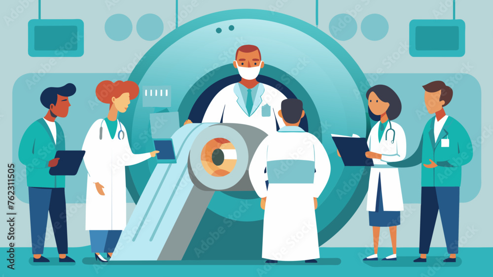 A medical team reviewing safety protocols and procedures for operating the MRI machine in the radiology control room. A medical team reviewing safety protocols and procedures for operating the MRI machine in the radiology control room.