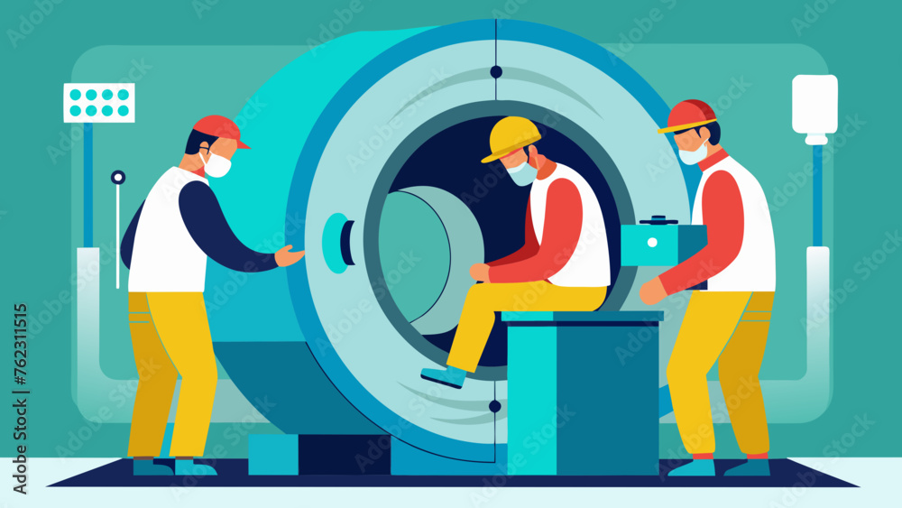 Two engineers working on the inner workings of a CT scanner using specialized tools to troubleshoot and repair any mechanical issues. Two engineers working on the inner workings of a CT scanner using specialized tools to troubleshoot and repair any mechanical issues.