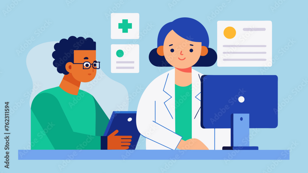 A doctor and patient looking at a computer screen together discussing the patients test results and treatment options.