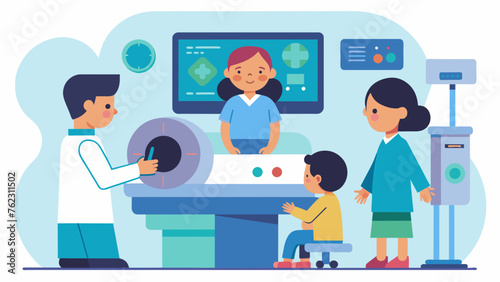 In the radiology control room medical staff work together to capture clear and accurate images of a childs while the child watches a movie on a
