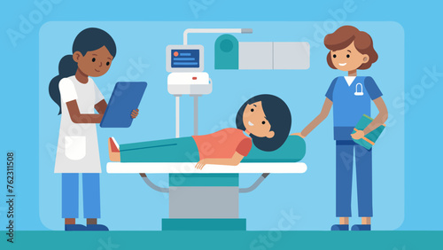 A girl lying on an examination table comforted by a nurse while a radiology technician adjusts the machine to take images of her broken arm.
