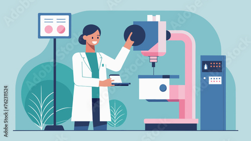 An engineer performing routine maintenance on a mammography unit calibrating the machine to produce highquality images for cancer screenings.