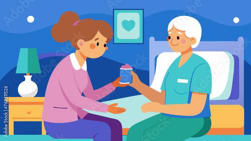 A nurse sits by the bedside of an elderly patient holding their hand and offering words of comfort as they administer medication and tend to