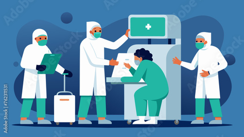 A team of spets delicately cleaning and sanitizing the surfaces of an Xray machine following strict protocols to maintain a sterile environment.