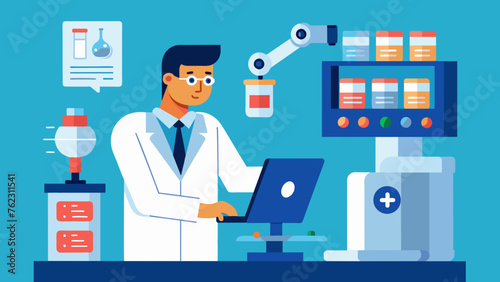 An image of a pharmacist using automated dispensing technology to accurately measure and distribute medications to patients. This reduces the