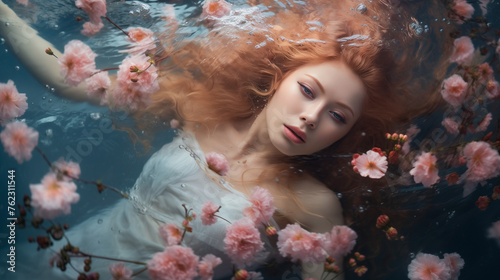 Fiery Beauty Amidst the Depths, Redheaded Woman in a White Dress Floating in Dark Waters Adorned with Drifting Pink Flowers, Conjuring an Enigmatic and Surreal Scene of Contrasts and Elegance