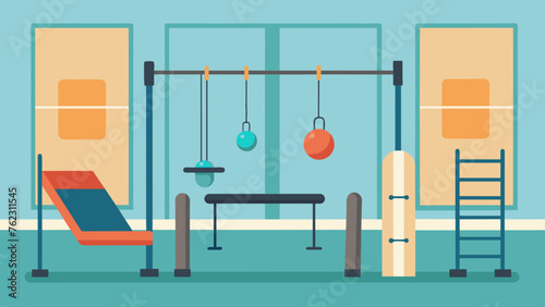 A therapy gym with parallel bars and a variety of weights and resistance bands to assist patients in regaining their balance and strength after