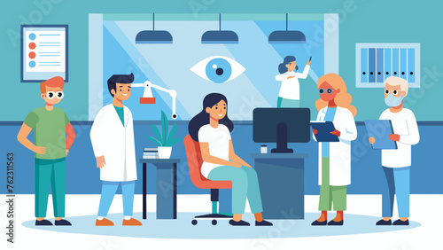 In the ophthalmology clinic doctors are performing delicate eye surgeries while patients are undergoing routine eye exams in the comfortable